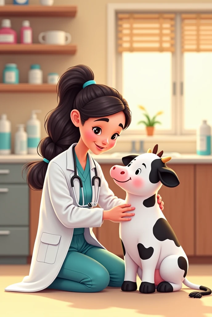 Create a cartoon drawing of a veterinarian with long dark hair braided into a ponytail,  white skin and with a baby cow with black spots 
