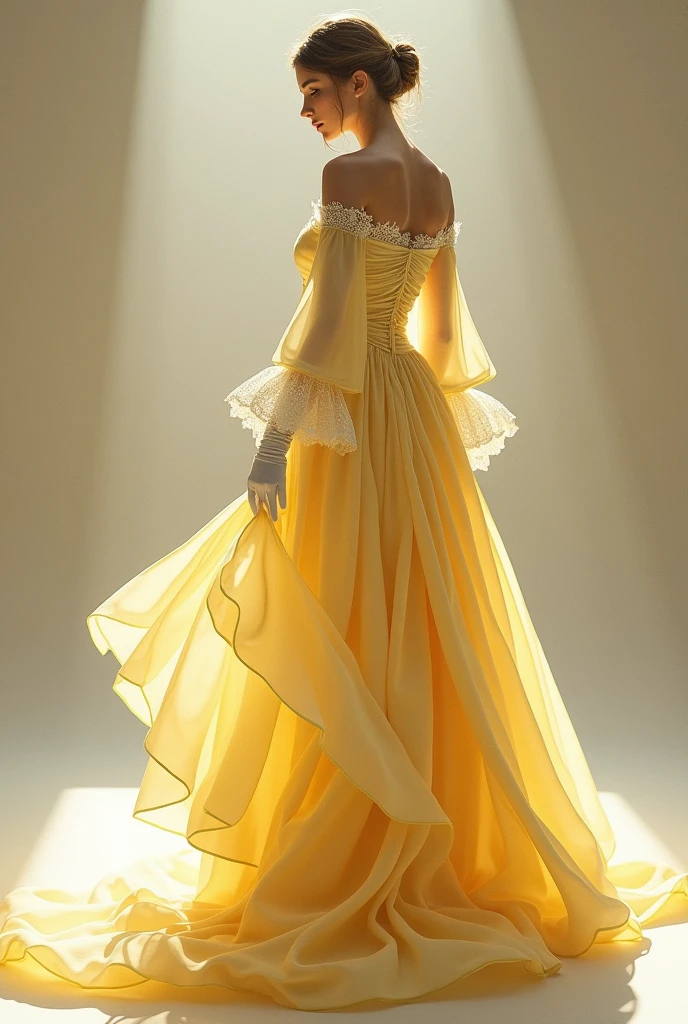 A light yellow dress with long sleeves and a large train, with white details, wearing a white glove