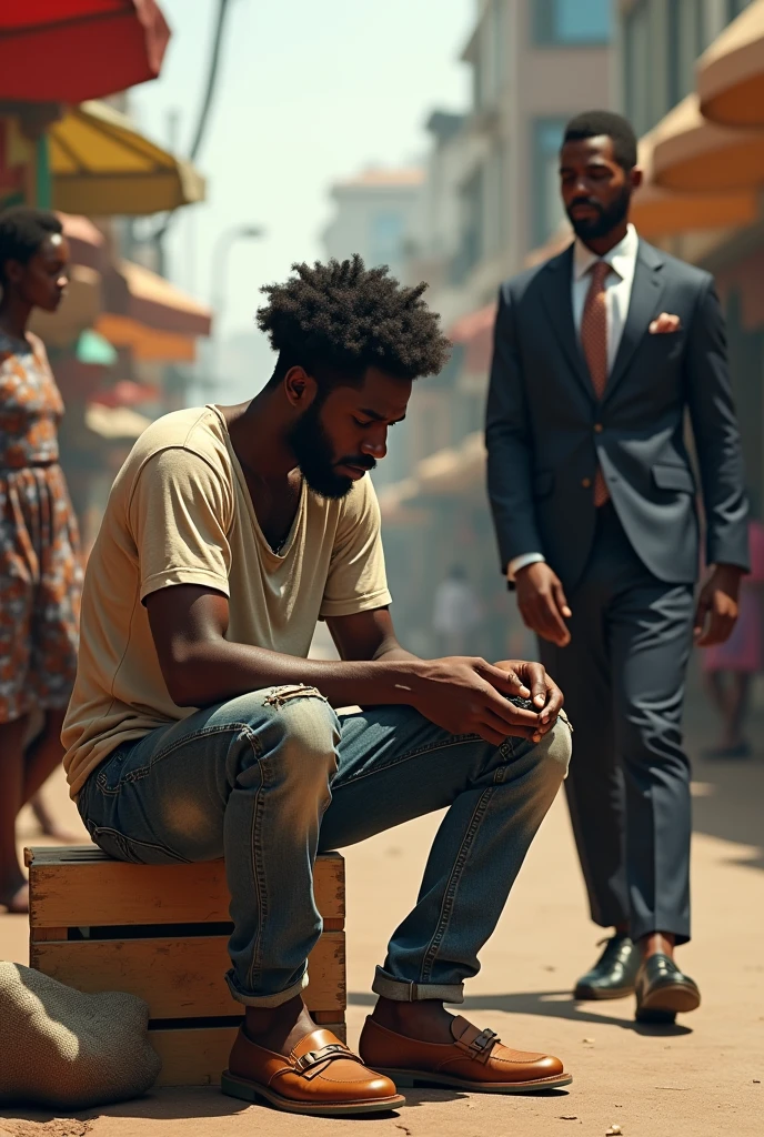 A poor guy with middle afro hair dressed in torn jeans and t-shirt, wearing bathing slippers, sitting on his small wooden box sewing leather shoe, and a rich african man in suit, standing infront of him, with his african female girlfriend, in the african streets of a city