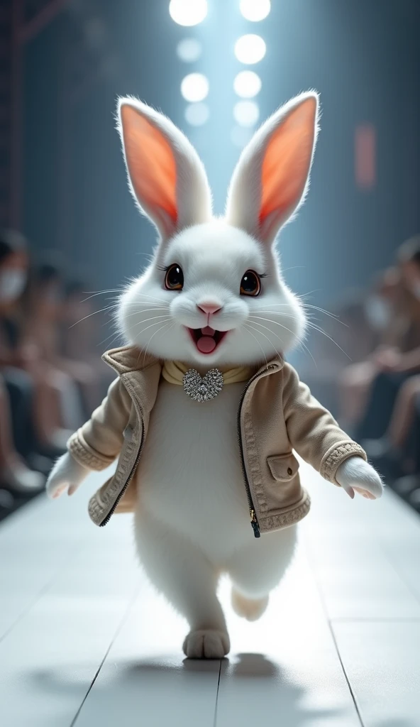 A cute little white rabbit,Smiling,Very confident wearing fashionable style showing on the catwalk,The background is the catwalk. HD camera captures scene images.