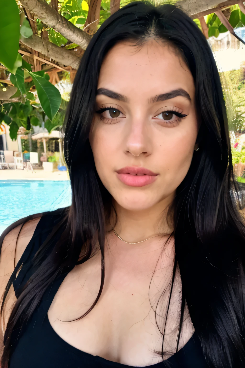 long black hair, heavily made up, big lips, dark eyes, origine espagnole, age 25 years