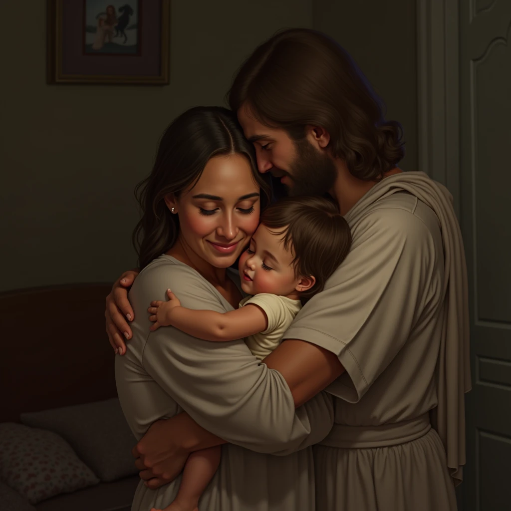 Depict a comforting scene of a mother holding her  in a warm embrace within a cozy home. A soft light illuminates the room, with Jesus standing nearby, His hand resting gently on the mother’s shoulder, signifying God's comforting presence in all moments of life.