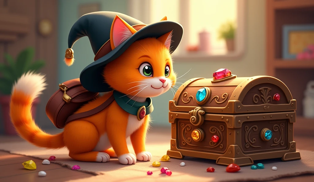 a whisker orange cat with black hat and backpack in home found a beautiful wooden chest adorned with jewels for kids cartoon