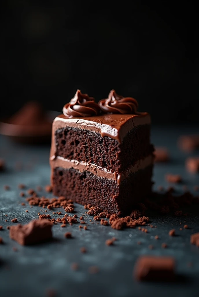 cinematic film still chocolate, chocolate cake, dark background, quality photo, moist texture, frosting, studio photo, slice . shallow depth of field, vignette, highly detailed, high budget, bokeh, cinemascope, moody, epic, gorgeous, film grain, grainy