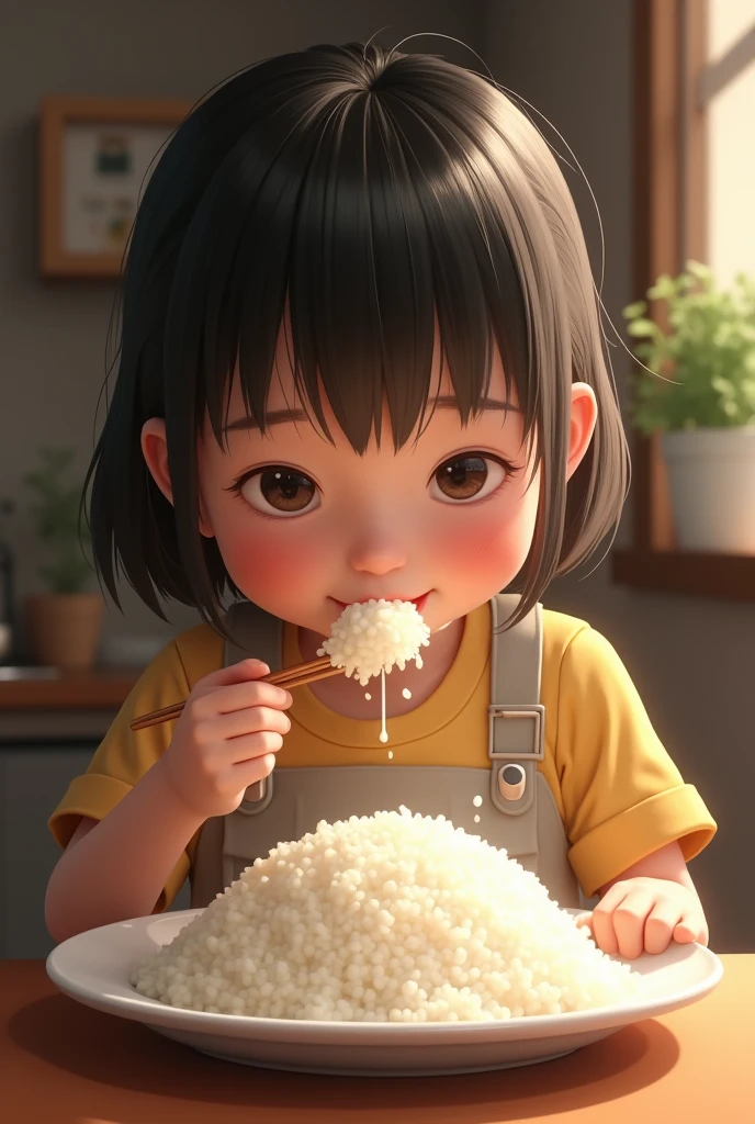 Realistic girl eating rice