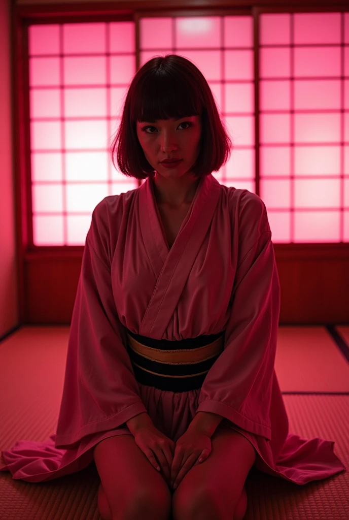 ((Japanese actress)) ((Plump and glossy lips)) Big Breasts ((Short brown hair with bangs)) ((Looking into the camera)) Sit with your legs apart ((Oiran kimono)) Low angle shot of a person standing facing forward Looking down ((A bedroom with shoji screens and tatami tatami lit up with pink neon lights))