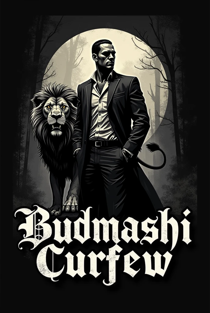Create a logo of BUDMASHI CURFEW name with gangster hold a lion 
