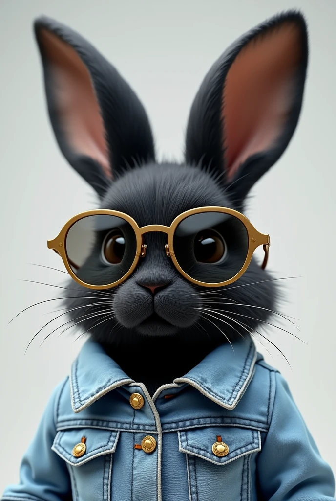 Create a black bunny with gold orange rimmed glasses, and that the lenses have black glass, with a light blue jean jacket 