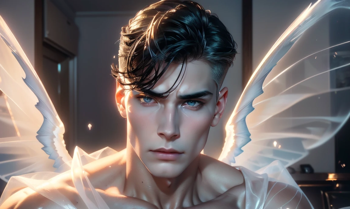 [((highly detailed, detailed eyes, detailed face, clear and realistic facial features, photorealistic, realistic light, cinematic, looking at you)), (1 man), (((((Gorgeous perfect sexy powerful masculine male angel with ghostly transparent wings))))), (((there are two ghostly transparent wings behind him))), ((((short sexy black hair)))), ((((pale silver eyes)))), ((30 years old)), ((wearing flattering white clothes)), (((aura of divine power))), standing in a cozy apartment at nighttime, ((light blush)), (((((wearing a clearly indignant expression)))))]