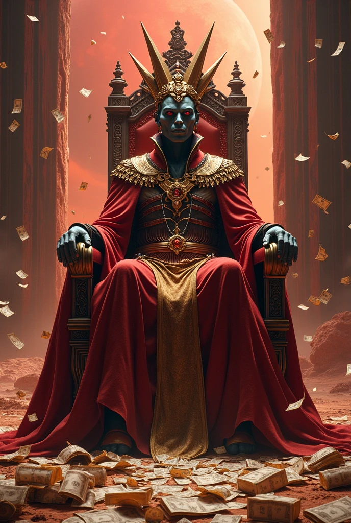 Image of a Martian sitting on his throne with his king's crown with money on the floor and flying around