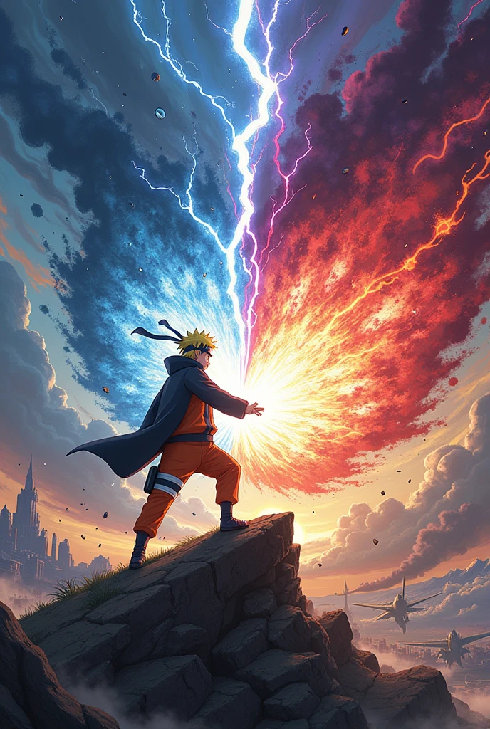 2D, anime, Reimagine the most epic battle of Naruto as a visually stunning and dramatic scene. Picture Naruto Uzumaki and Sasuke Uchiha locked in a fierce, climactic duel atop a crumbling mountain peak, with a vast, stormy sky swirling above them. Naruto, in his Sage of the Six Paths form, is unleashing a massive Rasengan, its energy crackling with vibrant blues and whites, while Sasuke counters with a colossal Chidori, glowing with intense purples and blacks.
Surround them with swirling, dynamic elements of their respective powers: Naruto’s aura is a dazzling mix of golden and crimson energy, while Sasuke’s is a dark, electrifying haze. Add visual effects like lightning, energy shockwaves, and debris flying from their intense clash. In the background, incorporate a shattered, panoramic view of Konoha and distant battle scenes to convey the scale and impact of their confrontation.
Include dramatic lighting that casts stark contrasts and emphasizes the explosive nature of their battle. Add a caption like “The Final Clash: Naruto vs. Sasuke – The Ultimate Test of Power and Will” in bold, fiery text to highlight the gravity and intensity of the battle.