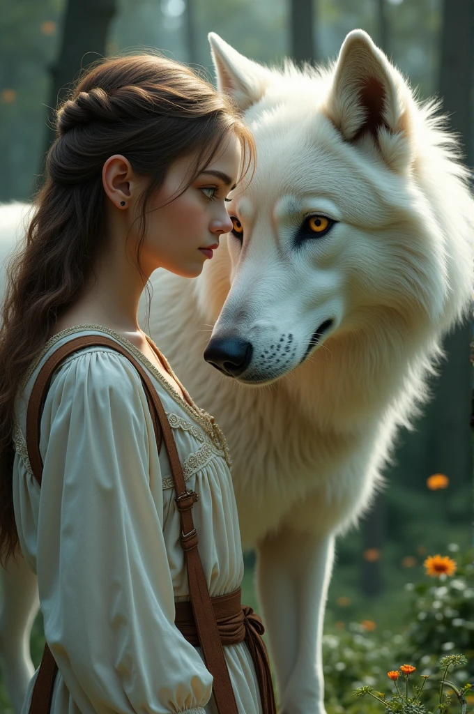 A white girl with medium brown hair and better eyes next to a white wolf