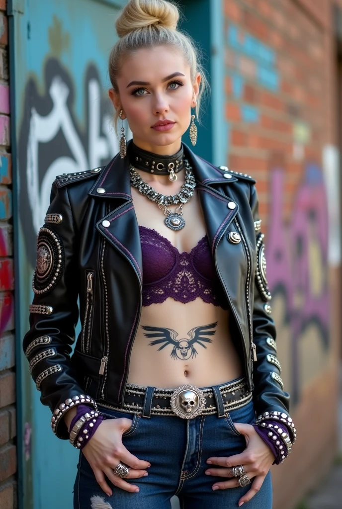 russian old milf woman, blonde hair (top bun), with very light blue eyes, extremely pale. Wearing studded black moto jacket with dark purple seams (and lots of side zippers, pins and moto club badges on sleeve), dark purple  lace push up bra (with white polka dots) and visible matching thong straps , dark skinny low rise blue jeans and pointy silver Chelsea boots with cuban heels . Lots of thick wide studded  bracelets, chain collars and big rings. Tacky wide studded leather belt with big skull and bones round buckle. Long earrings with feathers. Standing up, humble facial expression. Hands in jeans pockets, showing off bracelets and rings. Tattoo of spread wings on lower belly.. Listening in amazement to somebody speaking to her, toned abdominals, thin neck, slim legs and thin arms. Narrow hips. Pierced belly button Tattoed heavily. Graffitied brick wall in Nairobi