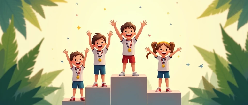 Children at the Olympics with medals and podium, leaves the center of the image emptier