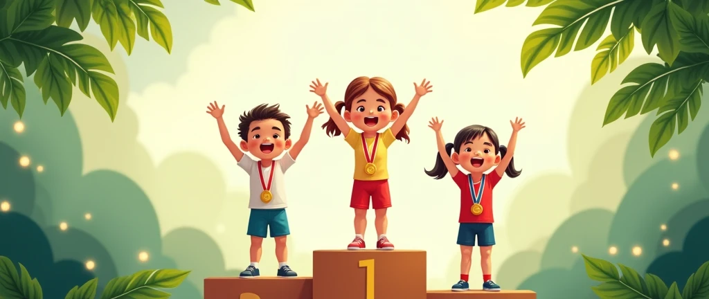 Children at the Olympics with medals and podium, leaves the center of the image emptier
