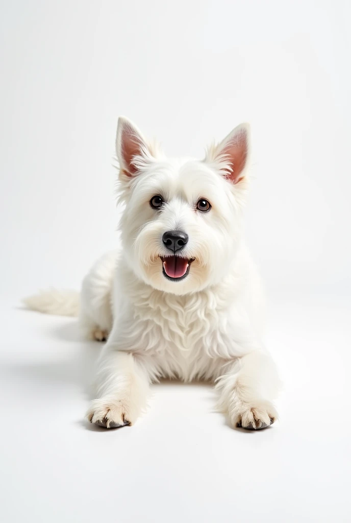 image where a white terrier (dog) he is lying down with his front paws in front, que salga el dog completo, that serves as a model for a logo of a toilet paper brand and a white background


