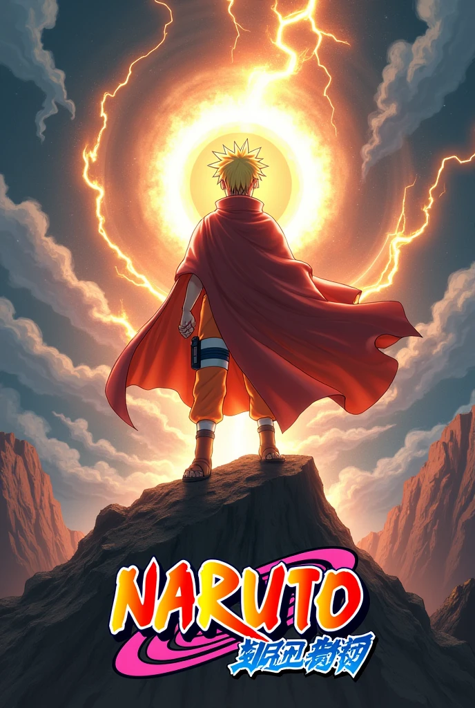 Design a vibrant and energetic scene of Naruto Uzumaki during a significant moment of triumph or transformation. **Depict Naruto standing on a rocky outcrop or high ground, facing towards a dramatic backdrop of swirling energy and stormy skies.** He should be in his iconic Sage of the Six Paths mode, with the Rasengan or Kurama’s chakra visibly emanating from his hands or swirling around him. 

Capture the intensity of the moment with dynamic lighting effects, emphasizing the energy and power radiating from Naruto. Show his cloak fluttering dramatically in the wind, and his expression should reflect determination and exhilaration. 

Add a background that includes lightning, swirling chakra, or a stylized energy field to enhance the scene’s impact. Include a caption like “Naruto’s Moment of Triumph: Unleashing the True Power of the Sage!” in bold, electrifying text at the bottom to convey the high-stakes, goosebumps-inducing nature of the event.