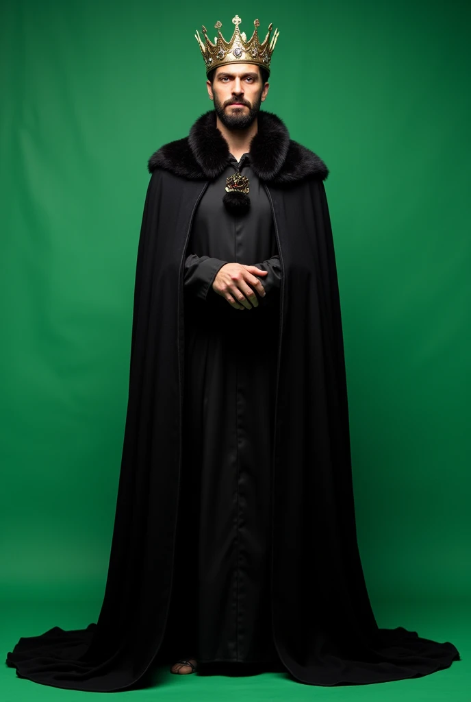crown on the head ,A King with black dress, front full viewed , long view
, plain green screen background