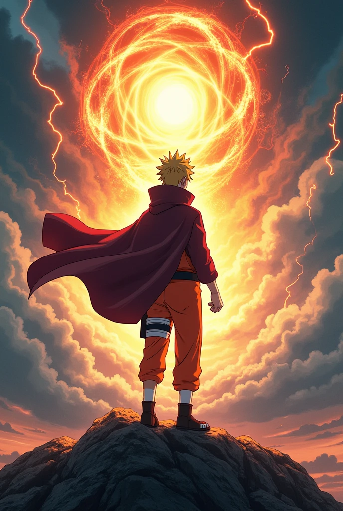 Design a vibrant and energetic scene of Naruto Uzumaki during a significant moment of triumph or transformation. **Depict Naruto standing on a rocky outcrop or high ground, facing towards a dramatic backdrop of swirling energy and stormy skies.** He should be in his iconic Sage of the Six Paths mode, with the Rasengan or Kurama’s chakra visibly emanating from his hands or swirling around him.
Capture the intensity of the moment with dynamic lighting effects, emphasizing the energy and power radiating from Naruto. Show his cloak fluttering dramatically in the wind, and his expression should reflect determination and exhilaration.
Add a background that includes lightning, swirling chakra, or a stylized energy field to enhance the scene’s impact. Include a caption like “Naruto’s Moment of Triumph: Unleashing the True Power of the Sage!” in bold, electrifying text at the bottom to convey the high-stakes, goosebumps-inducing nature of the event.