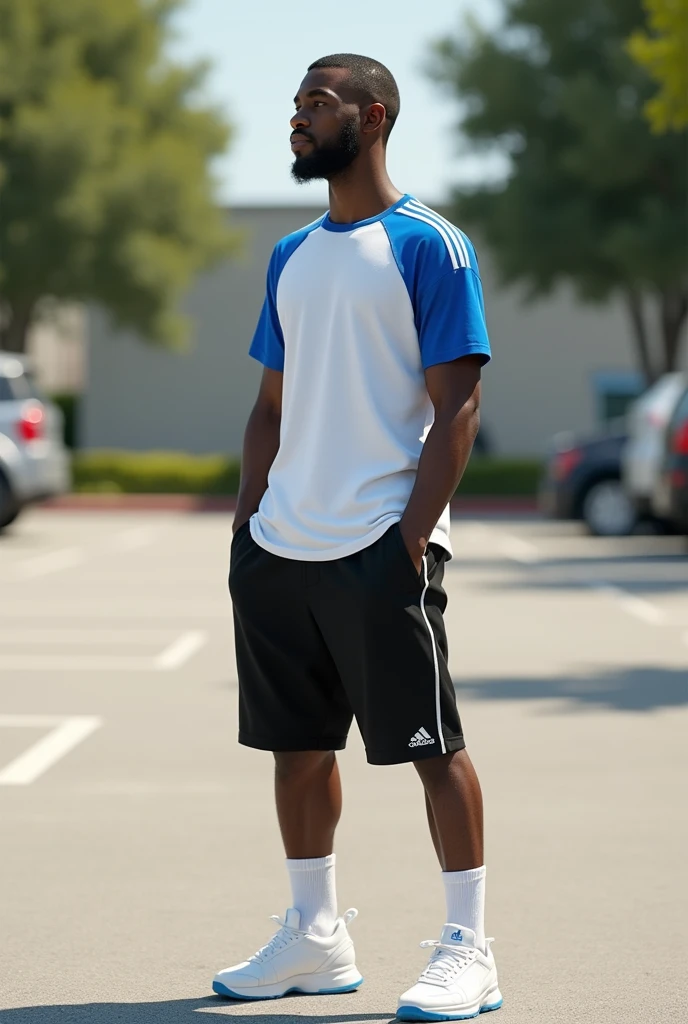 best qualityer:1.4), (ultra high resolution:1.2), (photorrealistic:1.4), (8k, CRU photo:1.2), a thin young man of 20 years old, skin black, with a smooth, beardless face, buzzcut haircut short on the sides and low on top, He is wearing a short-sleeved white shirt with blue details.. He's wearing black sweat shorts. He is wearing white Adidas sneakers. It's in a supermarket parking lot on a sunny day. There are some trees. You are looking to the right side. Corte de cabelo buzzcut. has 1,74 tall. Has arms without muscles. He's wearing white socks up to his shins
