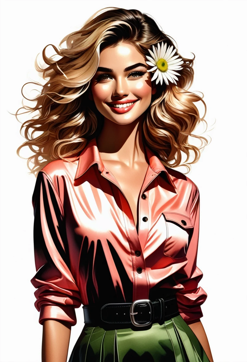 A centered watercolor illustration of a young woman in a fashionable cartoon style. She has long, wavy blonde hair that flows over her shoulders and down her back, with intricate curls and loops creating a dynamic sense of movement. A large white daisy with a black center and green outline adorns her right side, adding a touch of nature. Her face features large, expressive brown eyes with prominent black eyelashes, thick, well-defined eyebrows, and subtle blush on her cheeks. She has a soft smile and a light blush on her lips, which are colored a vibrant coral pink. Her outfit includes a black leather jacket with visible stitching along the edges, metallic buttons, and a zipper closure, worn open over a black and white striped blouse with evenly spaced gray and white horizontal stripes. The blouse has a round neckline and subtle white stitching along the edges. Her skirt is dark gray with a high waist, adorned with large pink flowers with red centers and green leaves, creating a striking contrast against the dark background. A black belt with a silver rectangular buckle cinches her waist, adding a stylish detail to her outfit. The background is simple white, providing a clean and uncluttered backdrop that highlights the subject. The lighting is bright and even, highlighting the details of the face and clothing. The overall mood of the illustration is cheerful and stylish, with the high contrast and bright colors typical of digital illustrations, creating a vibrant and eye-catching look.