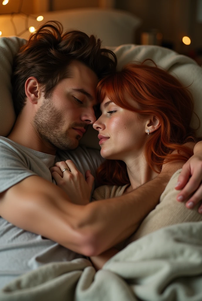 joe keery is cuddling his very beautiful, short, red headed wife. she has bangs and freckles that spread across her cheeks and nose. they are laying in a very comfortable bed in their cozy bedroom with soft lighting. joe is so hopelessly in love with her as he holds her close to his body
