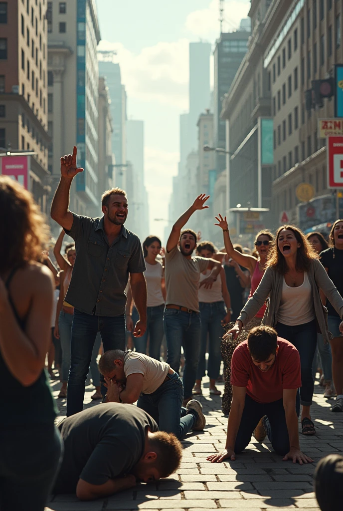 Create people, men and women dressed in casual clothes, some on their knees crying with their hands on their heads and others standing pointing up scared in a city square