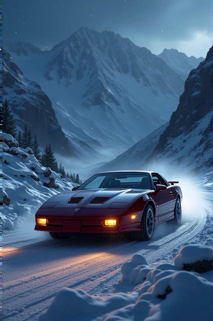 1992 Pontiac Firebird on a snowy mountain at night 