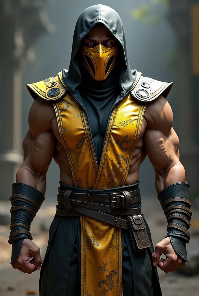 fully body, scorpion (mortal kombat) classic character costume without mask, eye white, standing in front of the camera, realisitic, a very muscular body in the renatosphere, epic 3D realism, swollen muscles, large fists, best in wlop, kan liu, daz3d, trends in CGsociety, estilo realisitic hiperdetalhado, completo cosplay, by Ric Nagualero, album, hyung tae kim, 8k, irreal engine 5, film composition, retratos realisitics hiperdetalhados, 3D game art, CG Society, Fantasyart, hd art of season, estética realisitic, cinematic lighting, border light, smooth light, border light de filme, fine glow, ultradetailed, 8k, uso realisitic de luz e cor, cinematic light, rendered in cinema4d 500–1000 AD -- ar 3:4- Niji 6