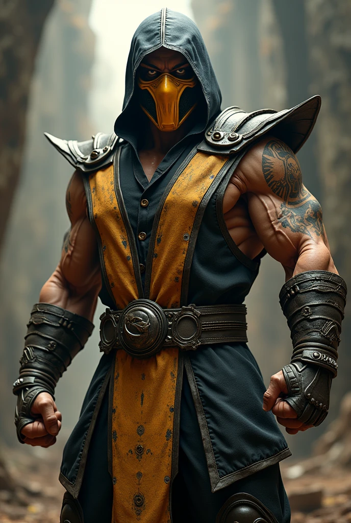 fully body, scorpion (mortal kombat) classic character costume without mask, eye white, standing in front of the camera, realisitic, a very muscular body in the renatosphere, epic 3D realism, swollen muscles, large fists, best in wlop, kan liu, daz3d, trends in CGsociety, estilo realisitic hiperdetalhado, completo cosplay, by Ric Nagualero, album, hyung tae kim, 8k, irreal engine 5, film composition, retratos realisitics hiperdetalhados, 3D game art, CG Society, Fantasyart, hd art of season, estética realisitic, cinematic lighting, border light, smooth light, border light de filme, fine glow, ultradetailed, 8k, uso realisitic de luz e cor, cinematic light, rendered in cinema4d 500–1000 AD -- ar 3:4- Niji 6
