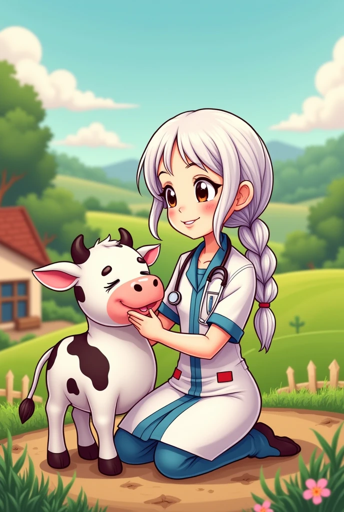 Cartoon drawing of a female veterinarian with white skin, long hair braided in a ponytail, with a baby cow 