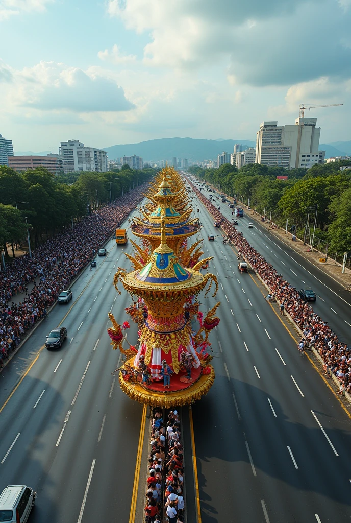 Barranquilla Carnival in a highway area without companions without dancers with floats in a larger highway area and with public around