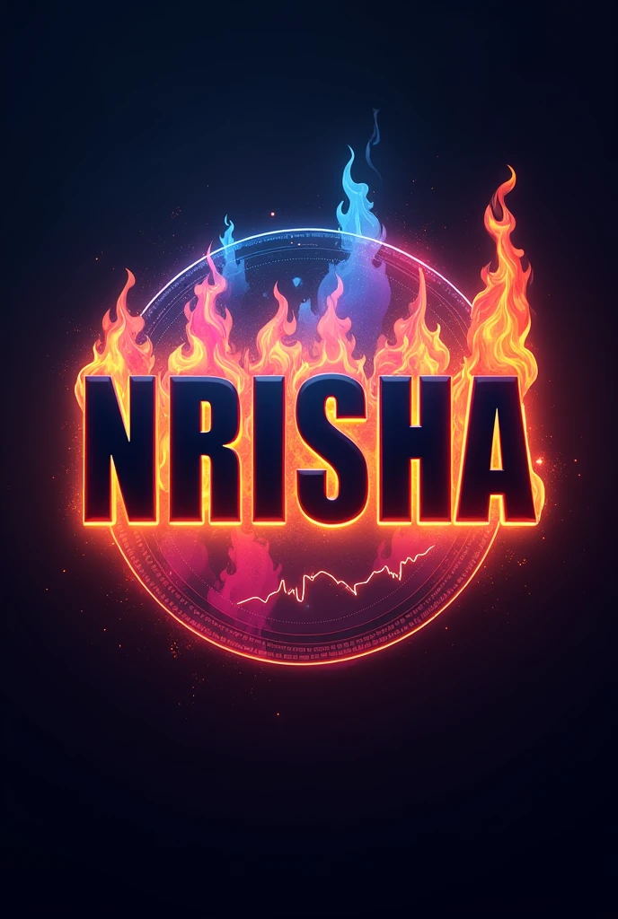 make me a logo for my firm name NRISHA in hard 3D it should have multi colour flames around name Nrisha.. and font color should be black in Capital bold fonts.. Try to make it animated.. also use '%' sign in it in a creative way.. theme should be modern tech not cartoonish.. use some trading candles also..