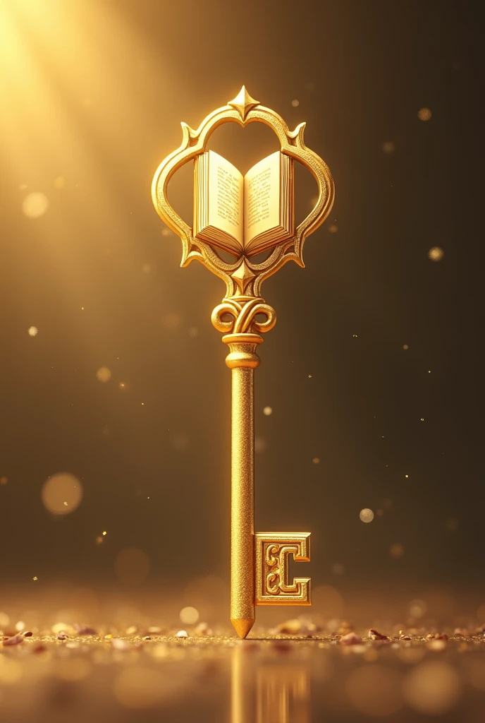 Design of an elegant and thin key of eternal memory, Representation: A book on the tip, all bathed in gold, anime style design
