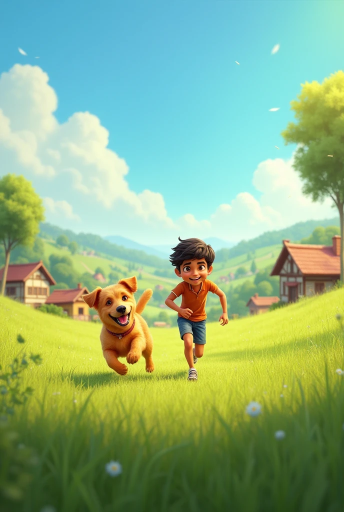 A small, picturesque village with fields and houses in the background. A young boy named Rahul, around , is playing joyfully with his golden-brown dog, Bruno. They are running through a field, with a clear blue sky above them and trees lining the edges.