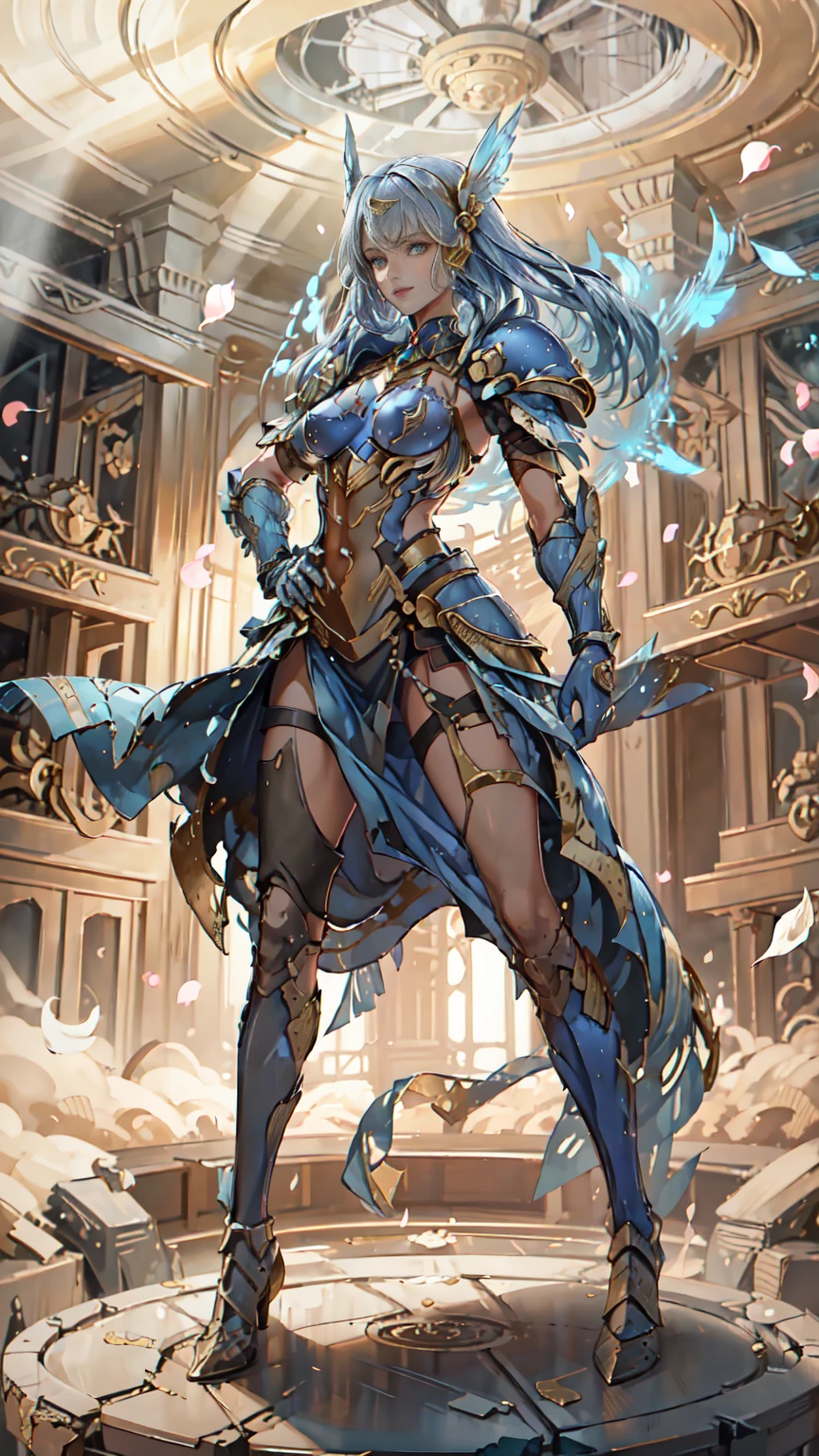 Lenneth from 'Valkyrie profile', BREAK: bright_gold_trimmed_sapphire_blue_plate mech4rmor, (damaged chest armor exposing skin:1.3), thigh cutout, long skirt, BREAK: standing, contrapposto stance, light smile, magical castle ruins, fluffy snow and flower petals fall, BREAK: detailed face, detailed hands, (16k, absurdres, masterpiece, best quality), wings