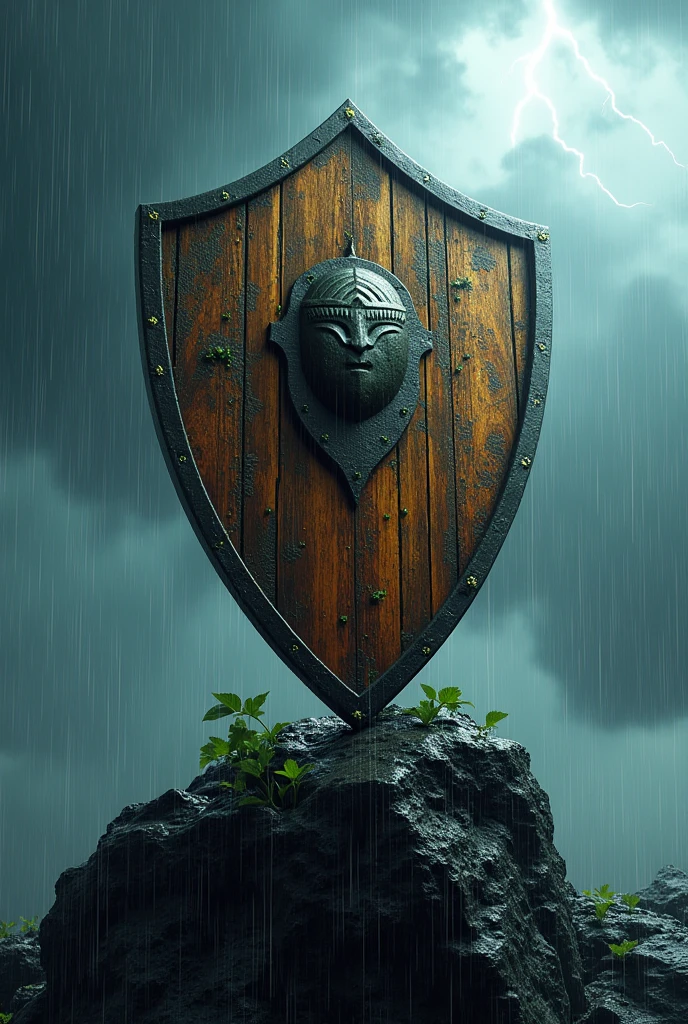 Earth power included wooden sharpe shield on black rock with heavy rain and thunder weather condition, There should be mask symbol on the shield. With some leafs on flaying on air