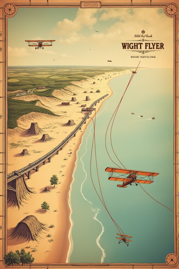 Design a historical map showing the flight path of the Wright Flyer on its first flight, with key landmarks of Kitty Hawk, North Carolina, and a visual of the aircraft in motion."

