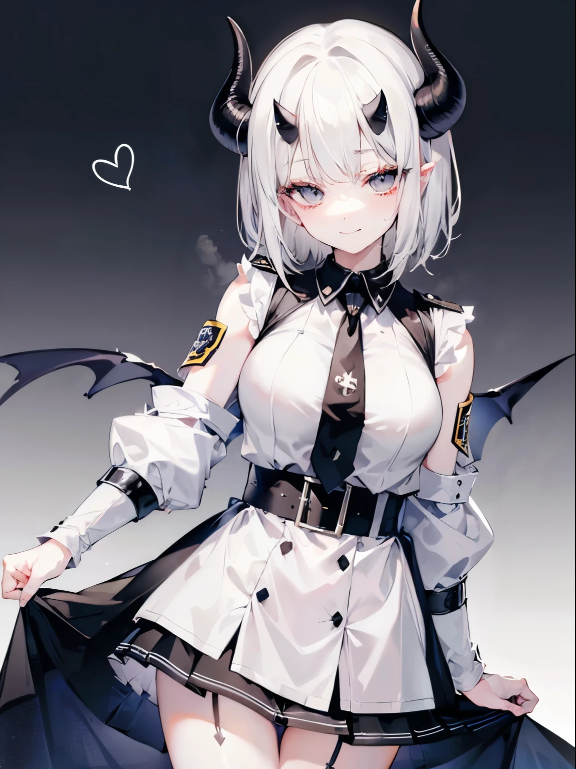 adult woman, White hair, (shoulder-length hair), ((grey eyes)), police uniform, cute face, Pretty appearance, kind look, Cozy atmosphere, kindness and positivity, nice smile, closed mouth, closed clothing, (((plain background))), (horns), Demon Girl, short hair