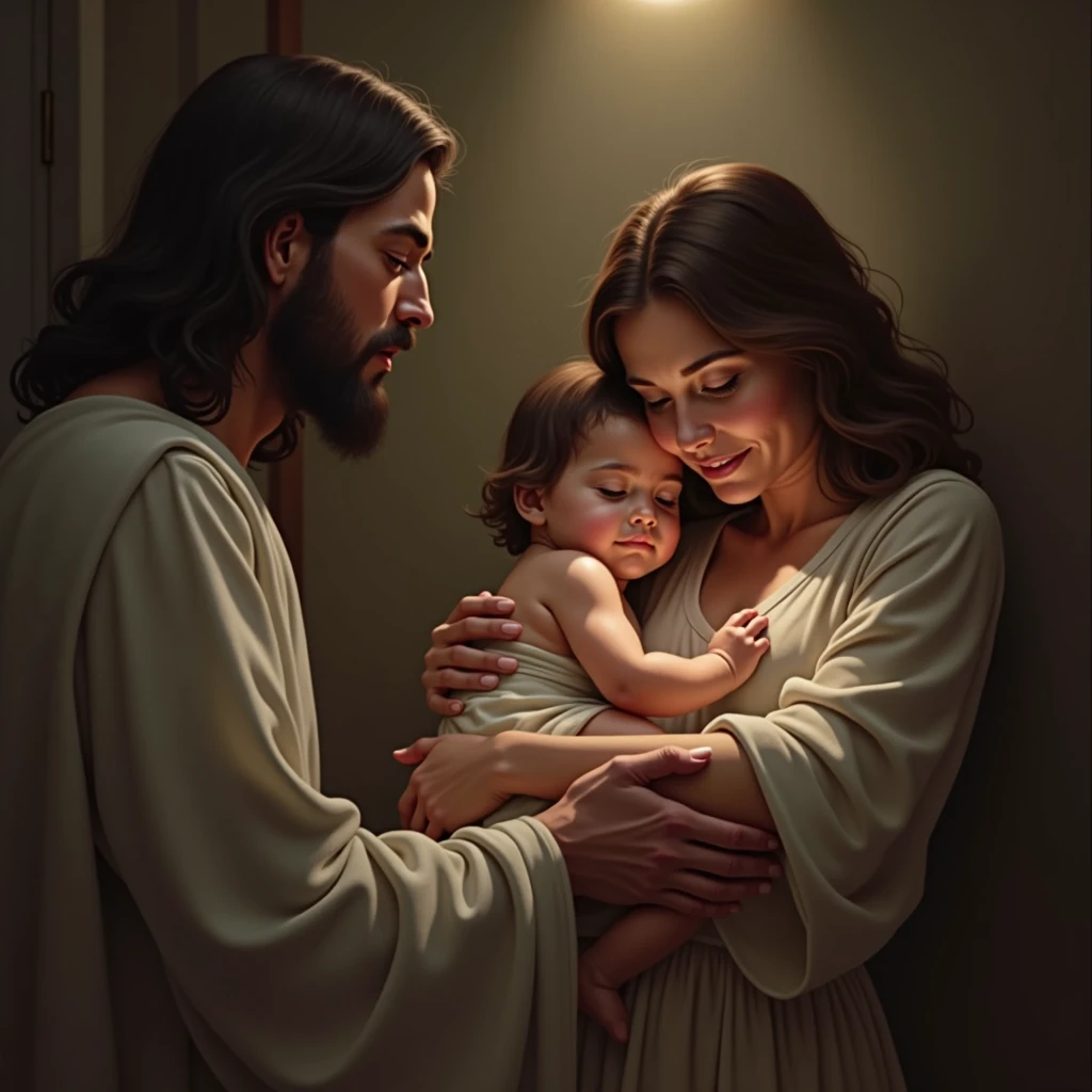 Depict a comforting scene of a mother holding her child in a warm embrace within a cozy home. A soft light illuminates the room, with Jesus standing nearby, His hand resting gently on the mother’s shoulder, signifying God's comforting presence in all moments of life.
