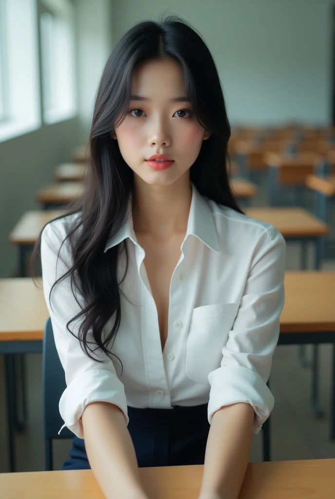 Thai women 1 are cute, with lots of cheeks with with skin, black stright hair, (no bra, There is a raised spot on the nipple.), wearing a Thai student uniform, a white short-sleeved shirt, a black short skirt Show thighs, sitting with leg open and posing in a modern classroom. The background is a classroom, modern student desks and chairs. The most realistic picture.