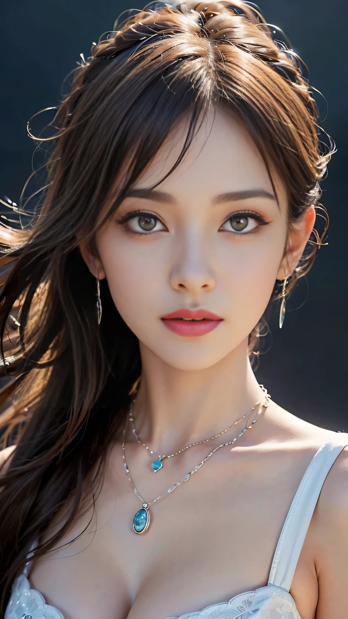 ((masterpiece:1.4)、(Highest quality:1.4)、(Realistic:1.7))、Masterpiece:1.4、Pretty Girl 0.3、(1:1.4)、cute、(Portrait Photography:1.4)、(Close-up photo:1.7)、(An outfit that emphasizes beautiful breasts:1.4)、Sharp focus:1.5、Detailed eyes、double eyelid、{Long Hair}、Beautiful woman with perfect figure:1.4、Perfect proportions:1.4、(Anatomically correct body shape:1.4)、well-proportioned and beautiful udder:1.2、Upper body photo shoot:1.2、Beautiful expression、Resistance、Dark Background、ponytail、Nikon SLR D6、Natural light、Lighting technology that creates beautiful expressions、Ideal lighting、RAW Photos、Red lips、Beautiful face with long face、choker:1.4、necklace:1.4、Earrings:1.4、1 Screen Display