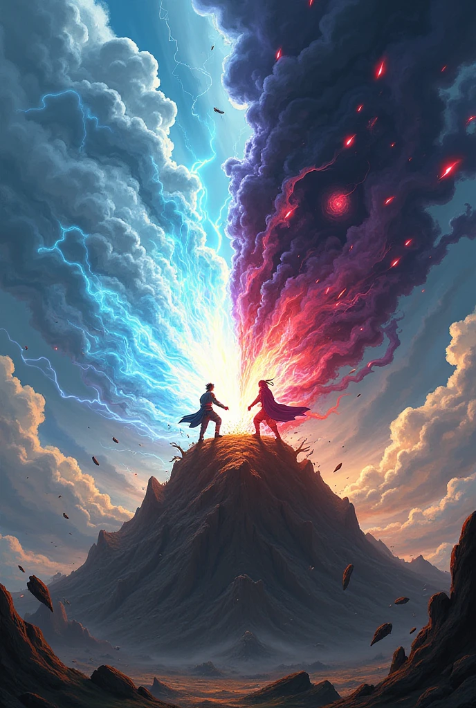 2D, anime, Reimagine the most epic battle of Naruto as a visually stunning and dramatic scene. Picture Naruto Uzumaki and Sasuke Uchiha locked in a fierce, climactic duel atop a crumbling mountain peak, with a vast, stormy sky swirling above them. Naruto, in his Sage of the Six Paths form, is unleashing a massive Rasengan, its energy crackling with vibrant blues and whites, while Sasuke counters with a colossal Chidori, glowing with intense purples and blacks.
Surround them with swirling, dynamic elements of their respective powers: Naruto’s aura is a dazzling mix of golden and crimson energy, while Sasuke’s is a dark, electrifying haze. Add visual effects like lightning, energy shockwaves, and debris flying from their intense clash. In the background, incorporate a shattered, panoramic view of Konoha and distant battle scenes to convey the scale and impact of their confrontation.
Include dramatic lighting that casts stark contrasts and emphasizes the explosive nature of their battle. Add a caption like “The Final Clash: Naruto vs. Sasuke – The Ultimate Test of Power and Will” in bold, fiery text to highlight the gravity and intensity of the battle.