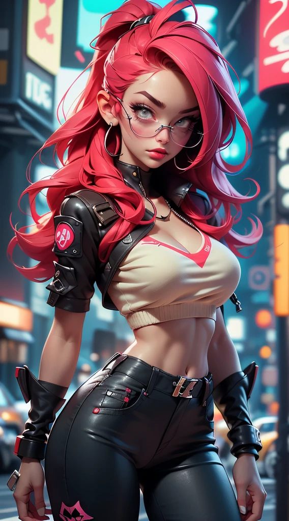 ((Best Quality, best resolution, award-winning portrait, official art)), ((perfect Masterpiece)), ((Realistic)) and ultra-detailed photography of a 1nerdy cyberpunk girl with goth and post apocalyptic colors. She has ((long red hair)), wears a (Harajuku-inspired cyberpunk tech-wear top) and a (Harajuku-inspired cyberpunk tech-wear bottom:1.2) , ((the most beautiful and sexy aesthetic)), sexy, super huge enormously gigantic tits, cleavage showing, hot, sexy, seductive, slutty