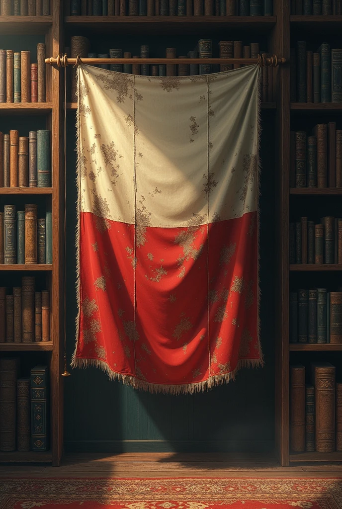 Make the flag more torn and place a bookshelf with books behind it