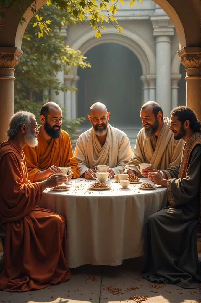 Buddha, yesus ,lao zhu, Muhammad, Mahavira, Krishna in one table drink a coffee 