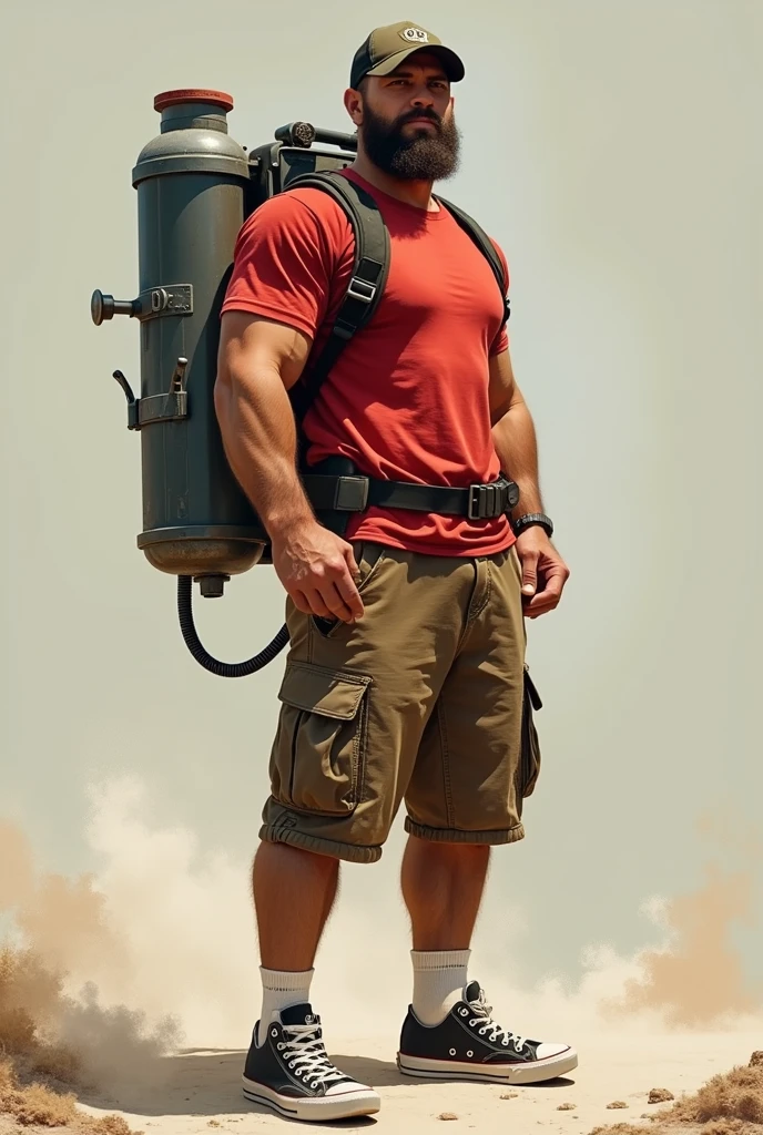 Muscular man wearing a shirt with long shorts Long loose shorts With pockets on the sides with converse sneakers red T-shirt and brown shorts Long short, Normal musculature With beard and baseball cap Realistic musculature With a jetpack 