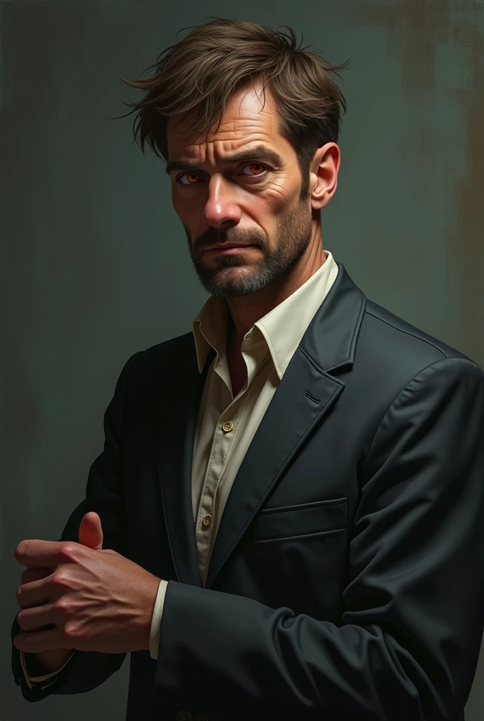 40-year-old man, short brown hair, red eyes, suit, 3-day beard, sad, alcoholic,kind and gentle 