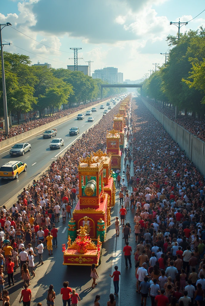 Barranquilla Carnival in a highway area without companions without dancers with floats in a larger highway area and with public around in a highway area