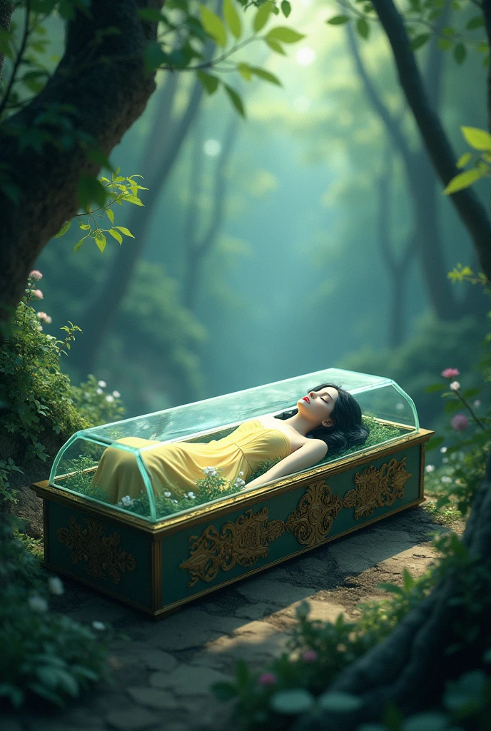 disney snow white lay down on a coffin glass